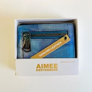 AIMEE KESTENBERG Brushed Metallic Leather Blue Aqua Y2K 90s Zip Coin Pocket NIB
